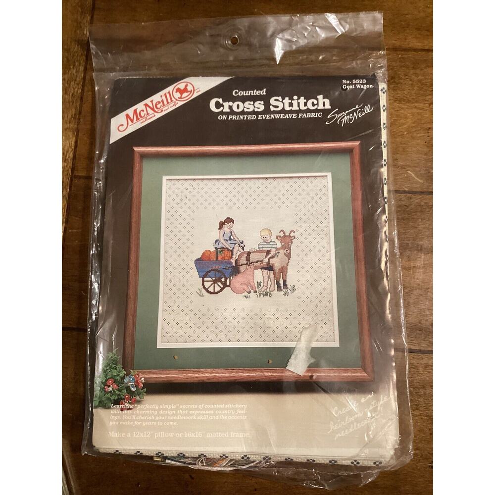 Vtg '85 McNeill Counted Cross Stitch Kit 5523 Goat Wagon New Old Stock